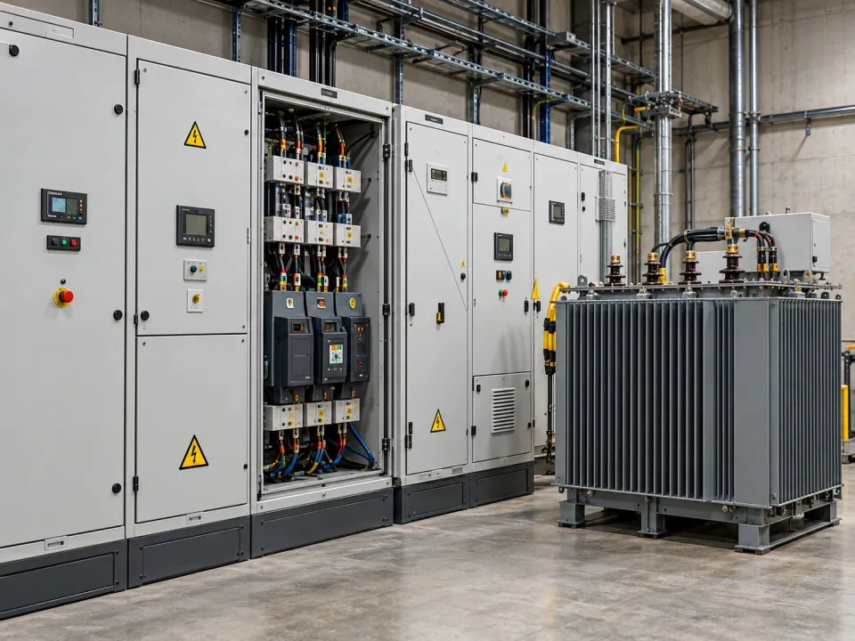 Electrical switchgear and transformer in an industrial equipment room