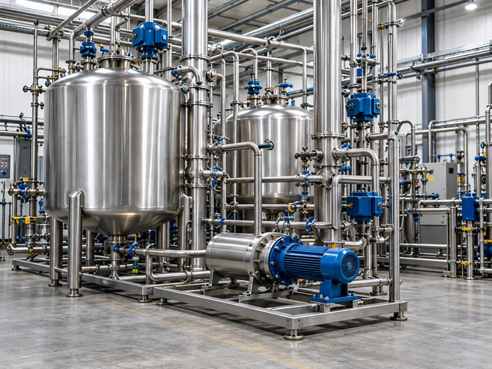 Stainless steel process equipment with pumps and pipework