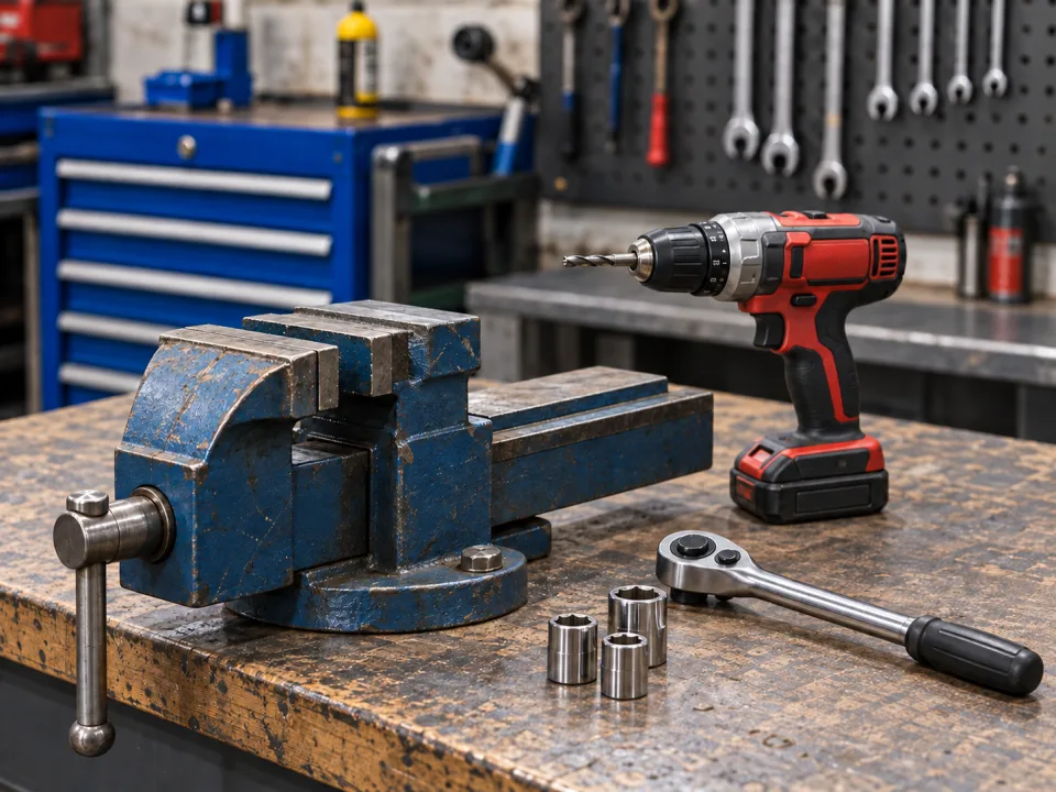 Workshop tools laid out beside a bench vice